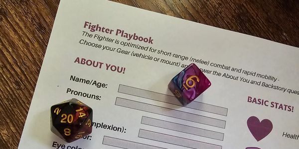 A page titled "Fighter Playbook" sits beneath a multicolored 6-sided and 20-sided die.