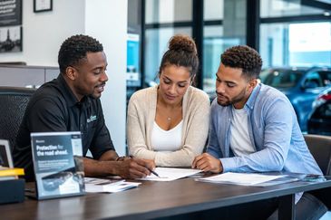 Couple discussing paperwork with an advisor.