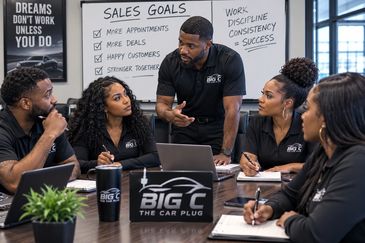 Team meeting discussing sales goals at Big C The Car Plug.