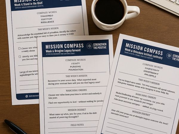 Printed Mission Compass worksheets on desk with coffee and keyboard