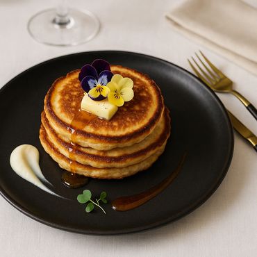Upscale plating of Chef Shan's Signature pancakes. 