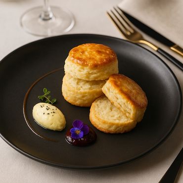 Upscale plating of Chef Shan's Signature buttermilk biscuits. 