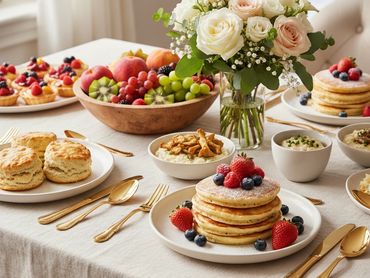 Luxury plant-based dining  table set with flowers and plated brunch. 