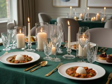 Luxury plant-based dining table set with candles, greenery, and plated courses