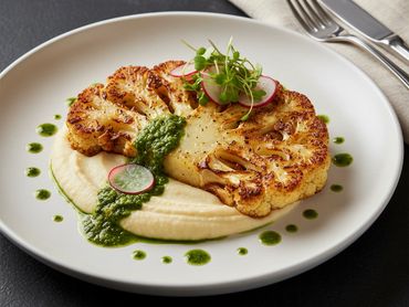 Upscale plant-based entrée with cauliflower steak, white bean puree, and chimichurri. 
