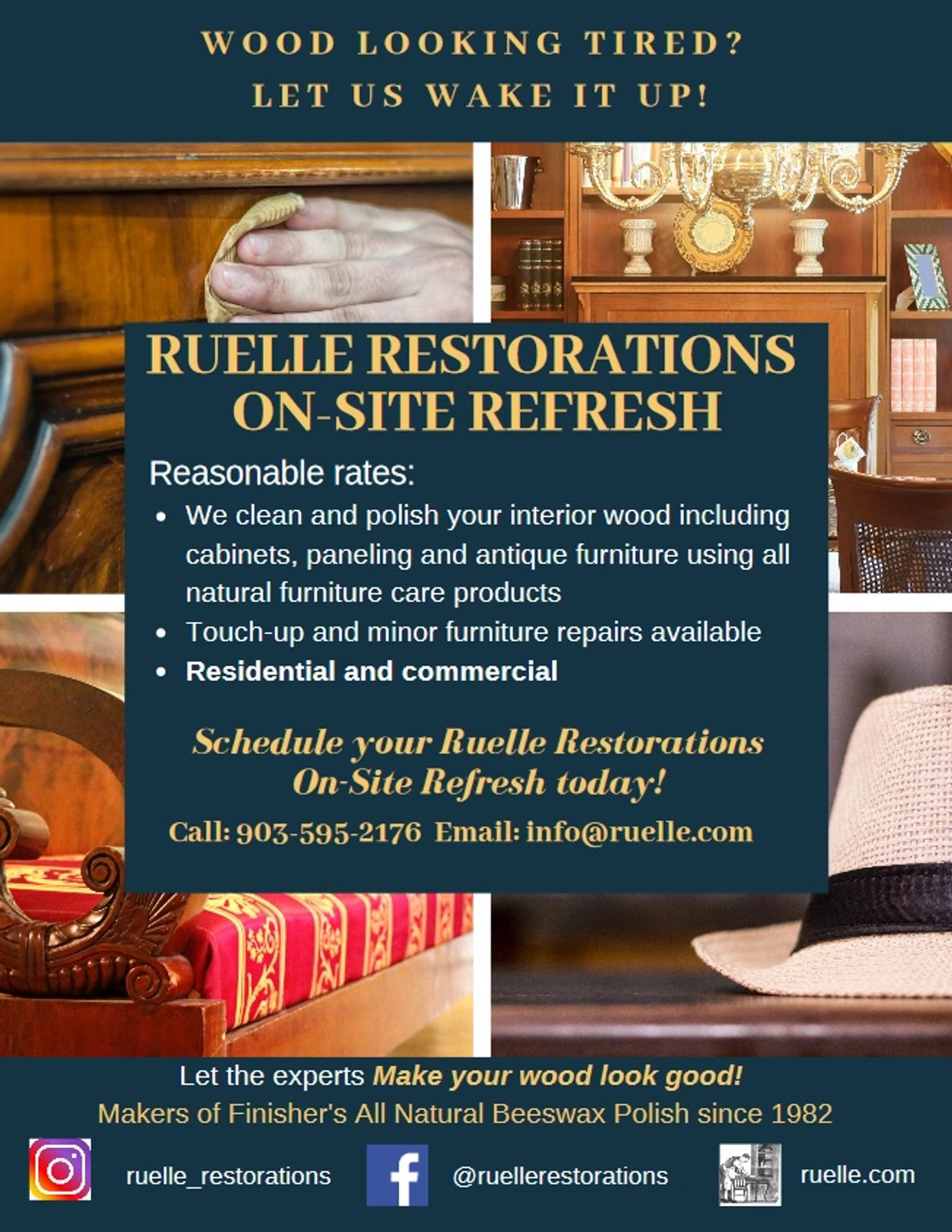 On-Site Refresh service description. We clean and polish interior wood,cabinets and furniture.