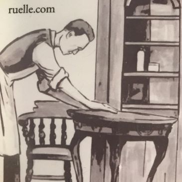 Black-and-white drawing of a man cleaning a table in a rustic room.