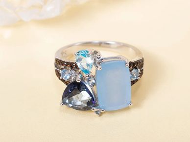 Aqua Chalcedony ring with Blue Topaz and Mystic Quartz radiates calm and ethereal beauty