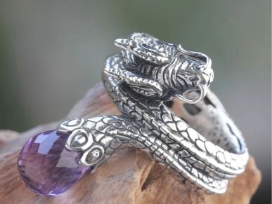 Sterling silver dragon ring with a bold 5-carat amethyst.