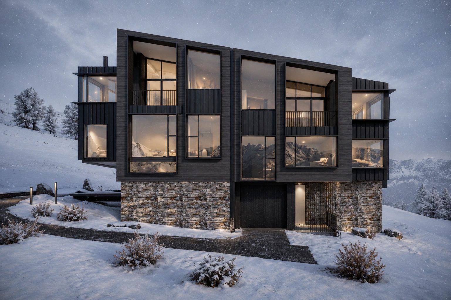 Modern black house with large windows in snowy mountain setting at dusk.