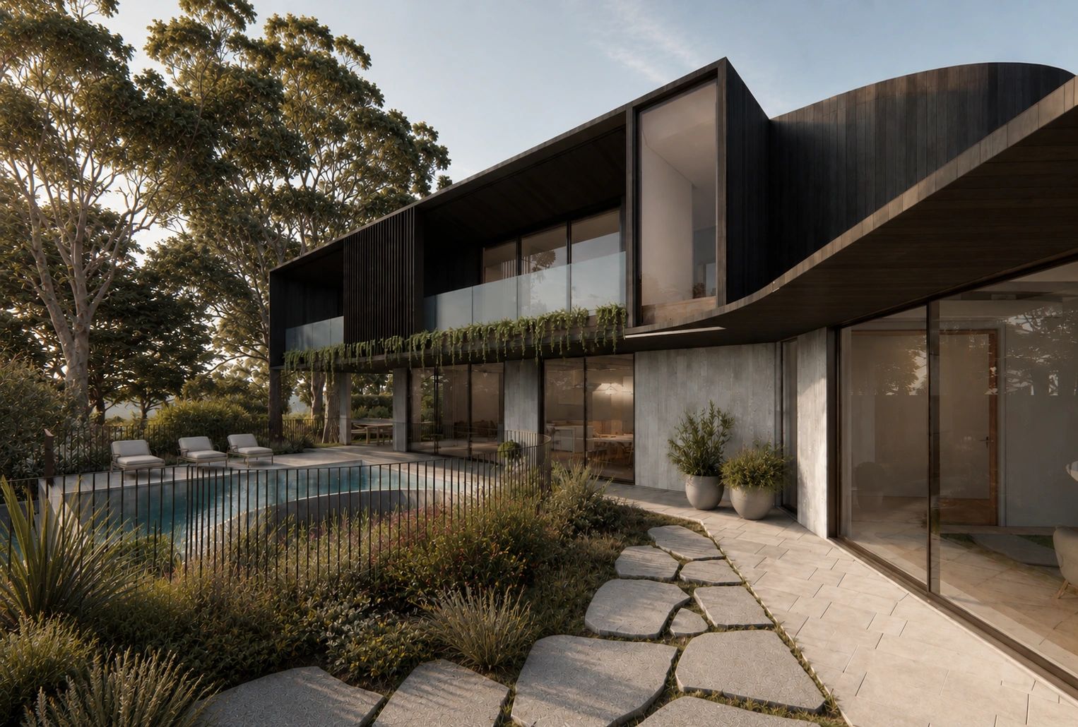 Modern house with pool, stone pathway, and lush garden at sunset.