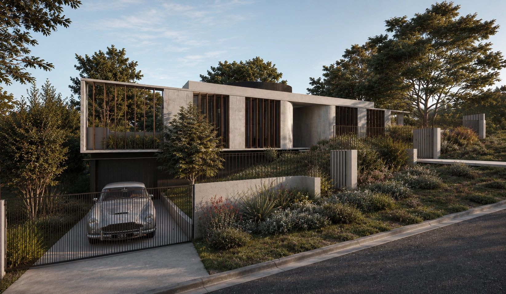 Modern concrete house with large windows and a vintage car in the driveway.