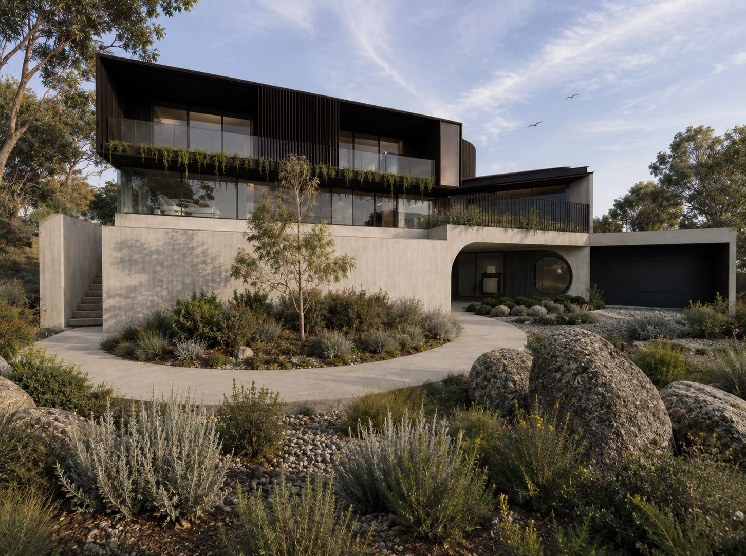 Modern two-story house with concrete and black elements surrounded by lush greenery and rocks.