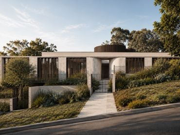 Modern single-story house with a flat roof and lush landscaping.