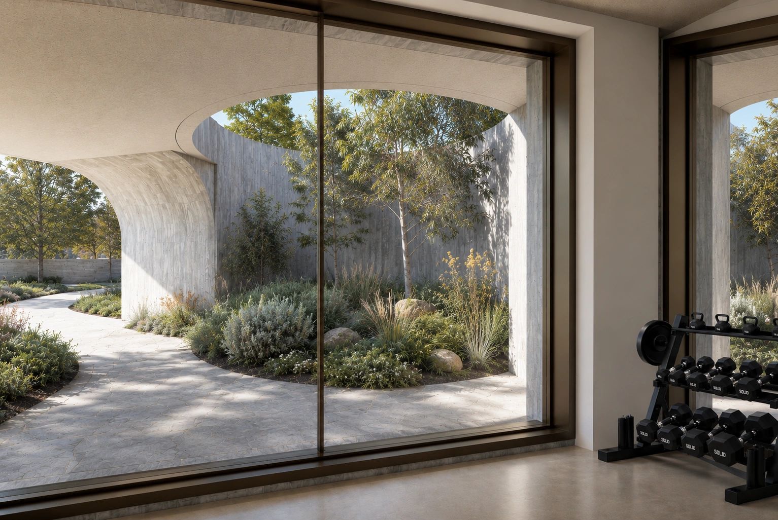 View of a landscaped garden through large glass windows next to a dumbbell rack.