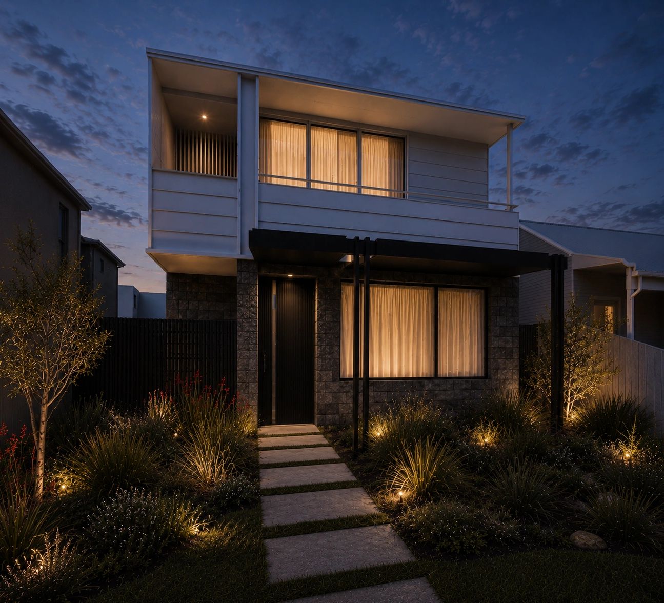 Modern two-story house with warm interior lighting at dusk.