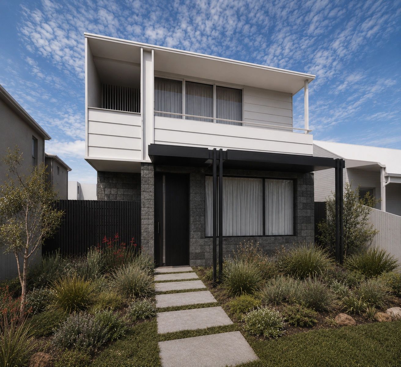 Modern two-story house with a sleek black and white exterior and landscaped front yard.