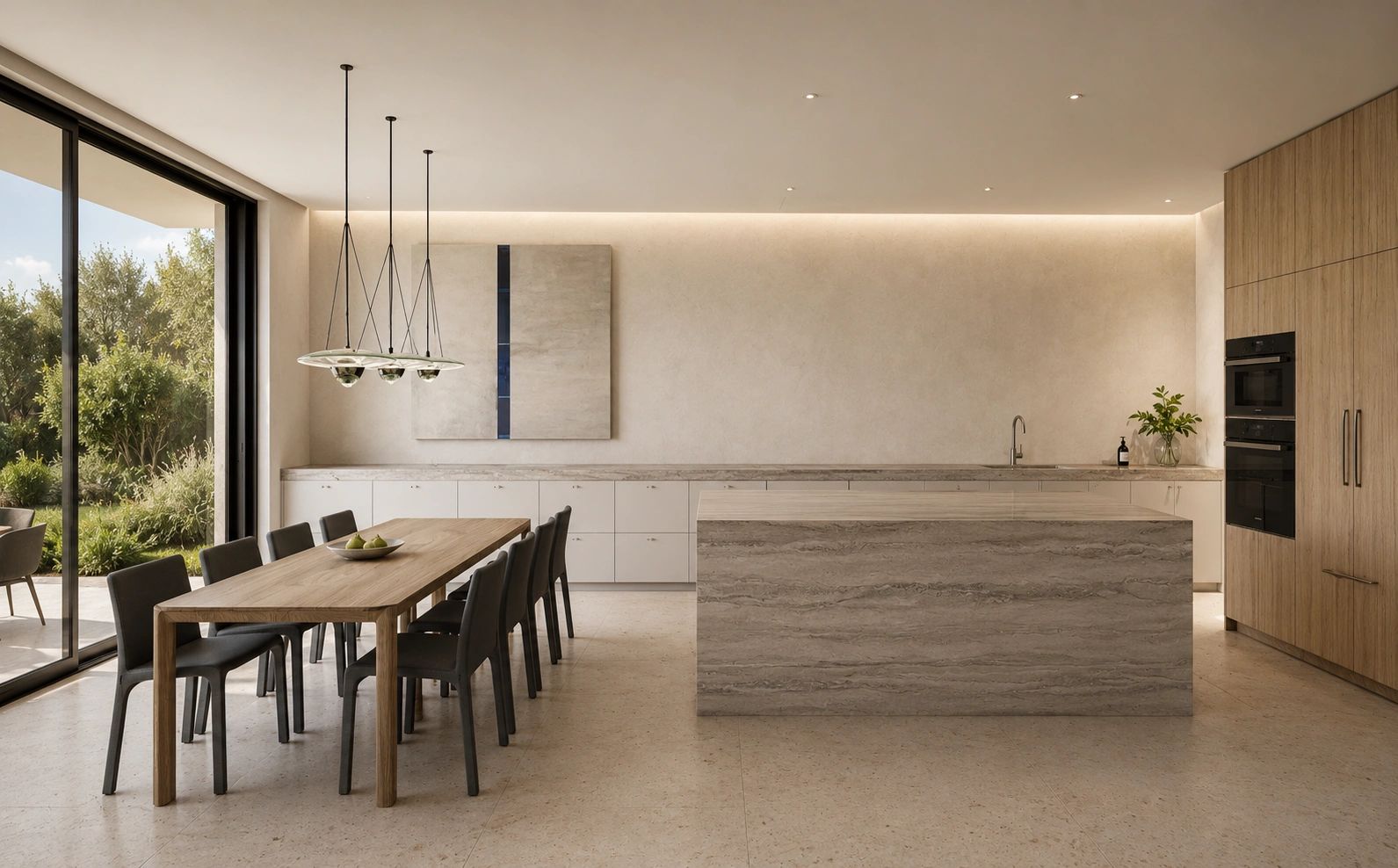 Modern kitchen and dining area with natural light and minimalist design.