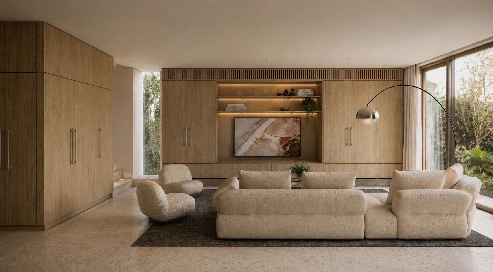 Modern living room with beige furniture and wooden cabinetry.