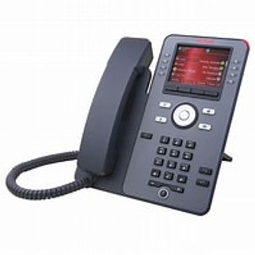 Modern office desk phone with screen and keypad.