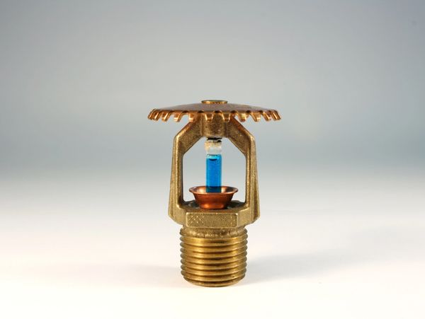 A gold-colored sprinkler head featuring a glass bulb filled with blue liquid
