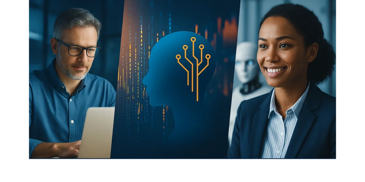 white male representing IT and black female representing HR with AI in showing brain activity