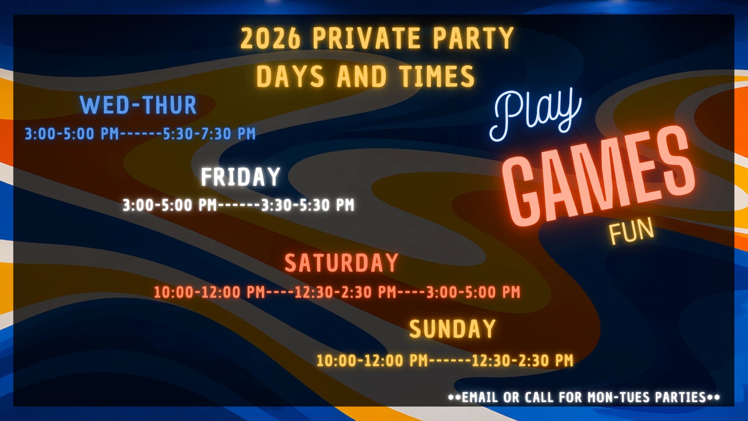 2026 private party schedule with various days and times.