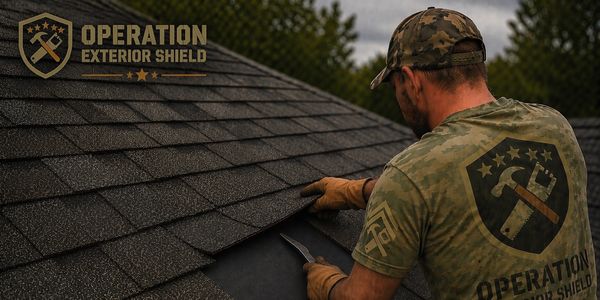  Contractor repairs a shingled roof, highlighting the Operation Exterior Shield brand and its focus 