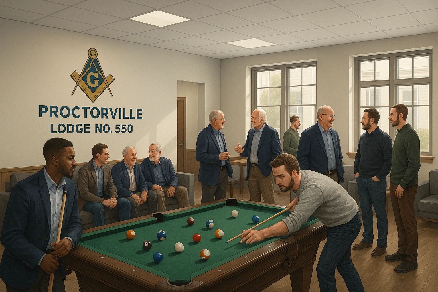 Modern Masonic lodge with members socializing and playing pool, fellowship, and Square and Compasses