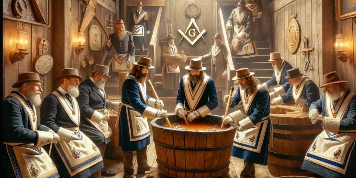 Freemason in a lodge making apple butter, symbols, and regalia.