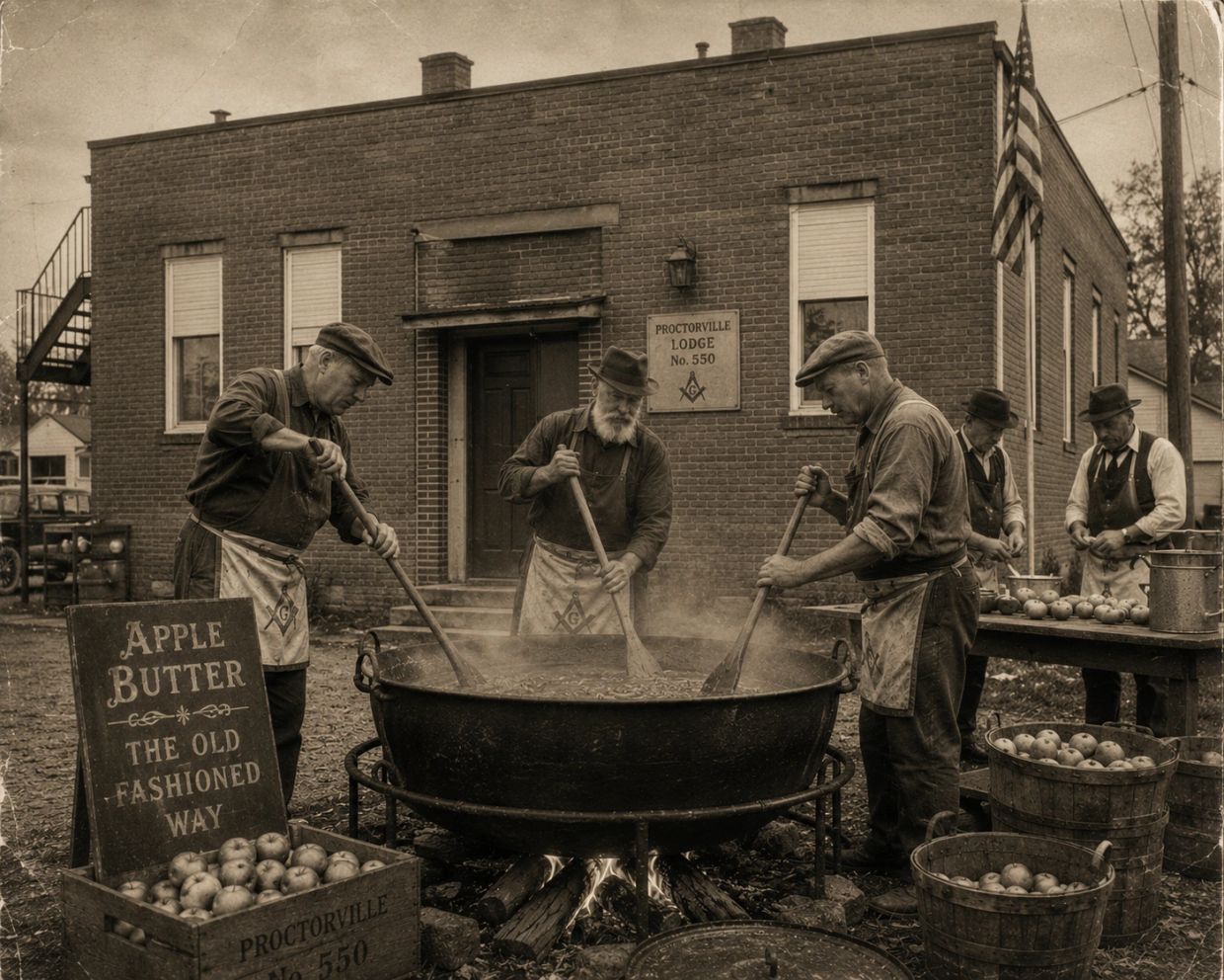 Men making apple butter outdoors in front of a lodge.