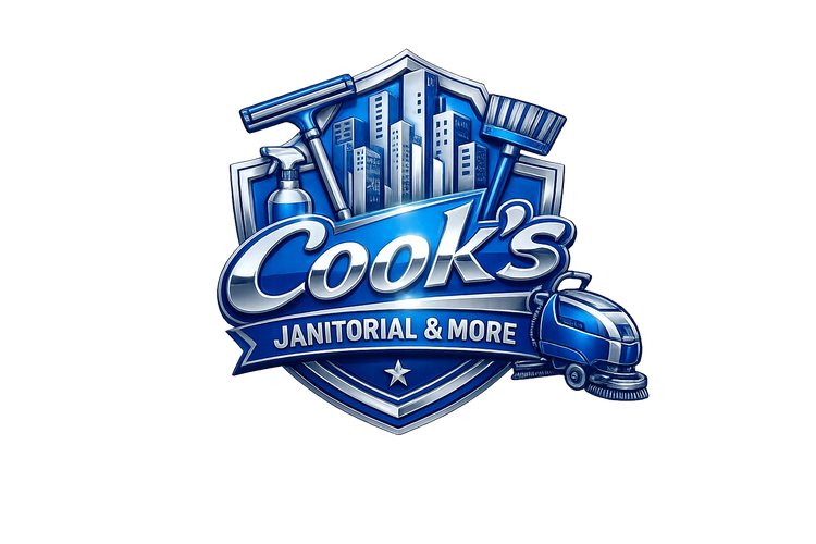 Blue and silver logo for Cook's Janitorial & More with cleaning tools and buildings.
