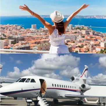 Woman enjoying a city view by the sea with arms raised in joy.