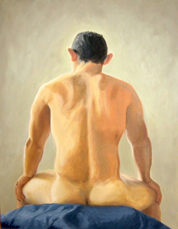 A nude male sits thinking with his back to the viewer and hands resting on his knees.