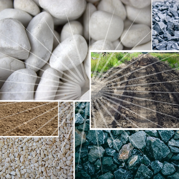 Collage of different types of stones and soil textures in various gardening and landscaping settings.