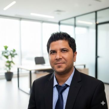 Professional man in a suit with a blue tie in a modern office setting.