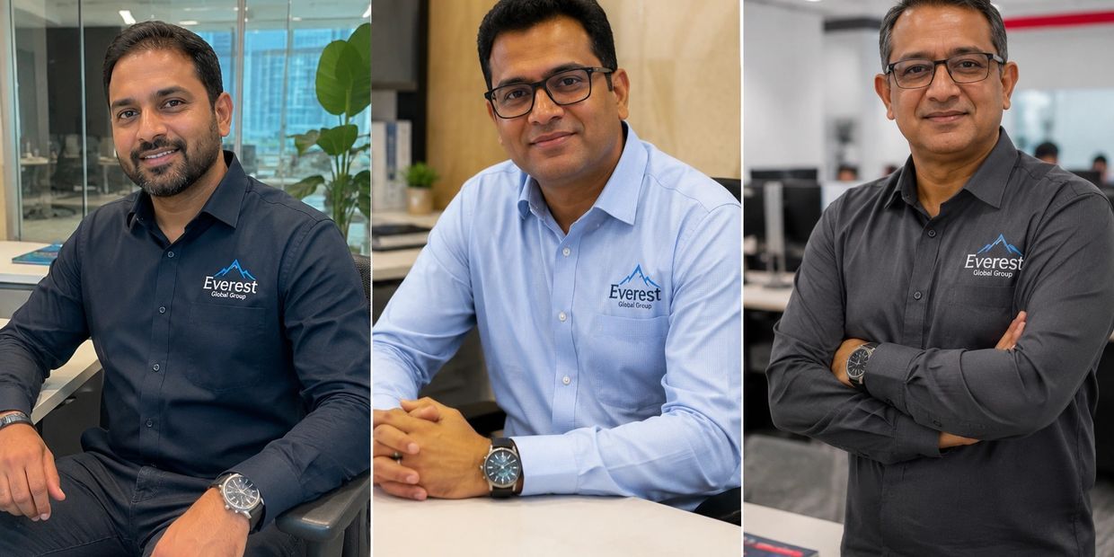Three professionals wearing Everest Global Group shirts in an office setting.