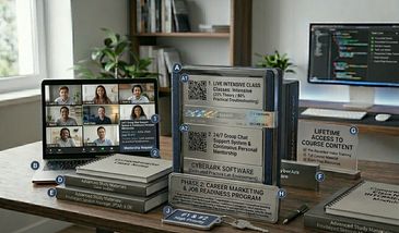 A laptop showing a virtual meeting alongside career and study materials on a desk.