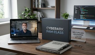CyberArk PAM Class setup with study materials and a self-paced video training on a laptop.