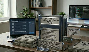 Career recovery and placement package displayed with assessment tools and resources on a desk.