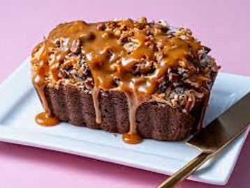 Chocolate loaf cake with caramel and nuts.