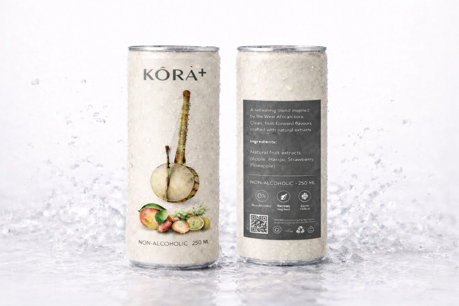 Two cans of KORA+ non-alcoholic drink with water droplets and splash.