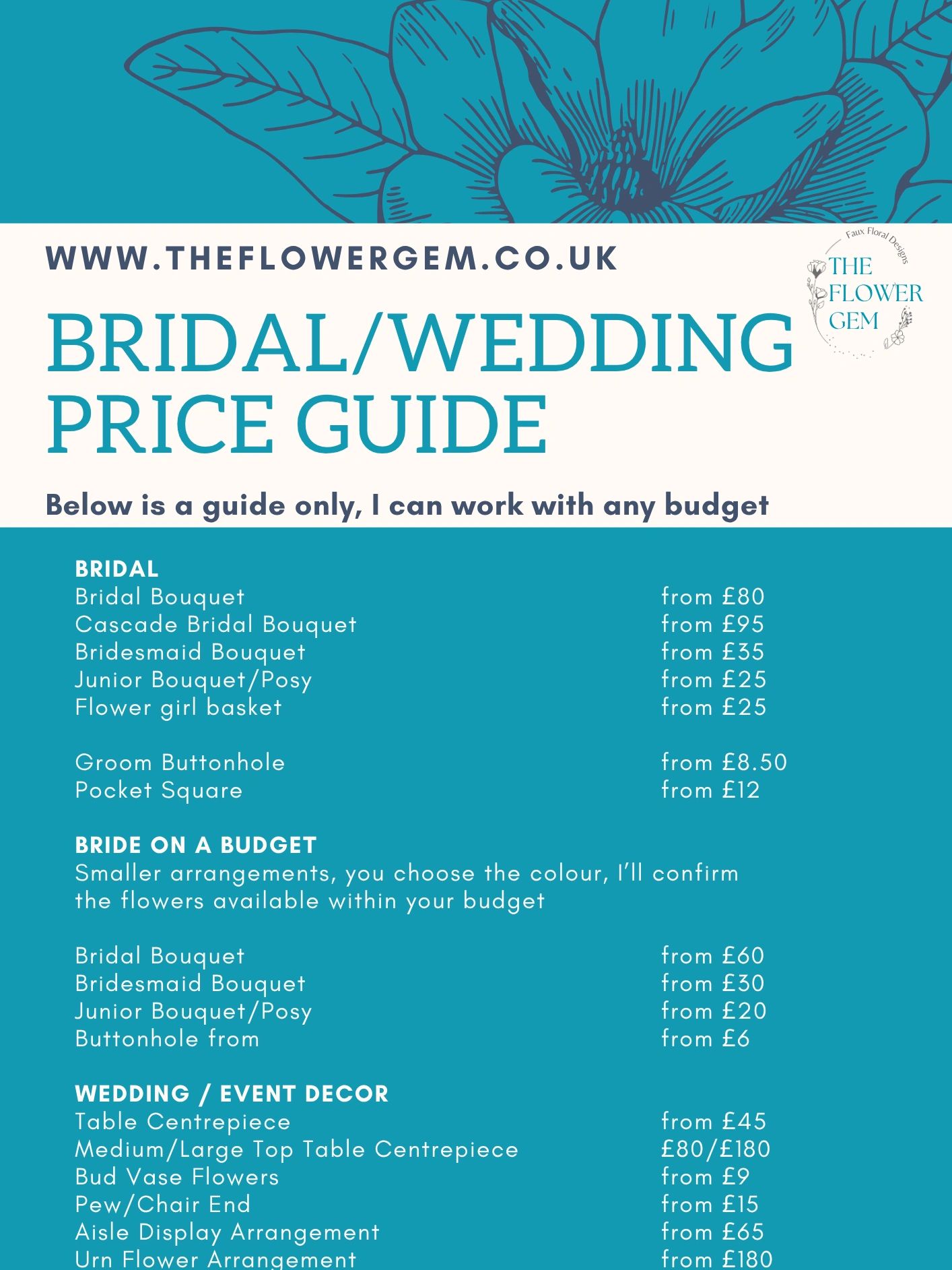 Bridal and wedding floral price guide from The Flower Gem with various bouquet and decor options.