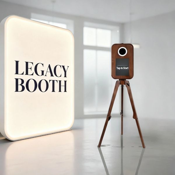 Modern photo booth setup with a glowing LEGACY BOOTH sign and wooden camera stand.
