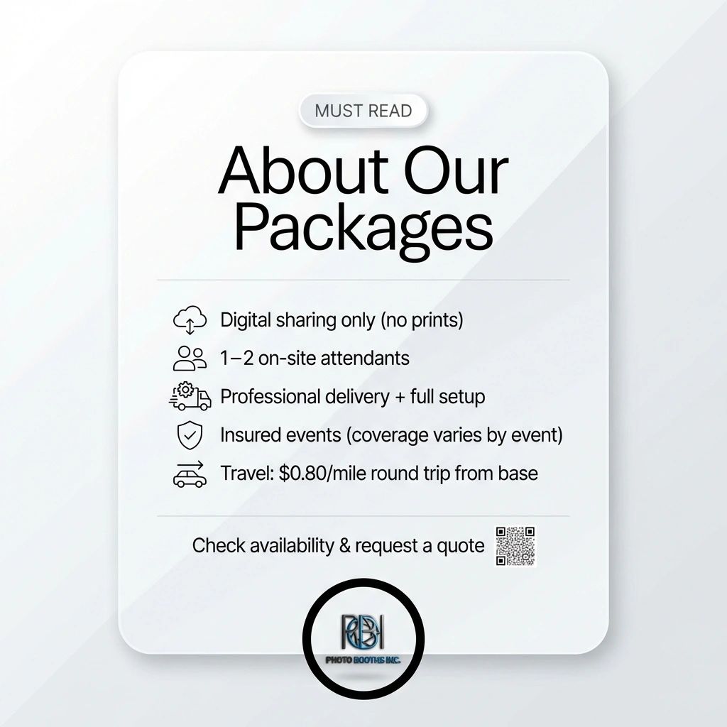 Digital sharing only (no prints). Attendants on site. Professional delivery + full setup. Insured.