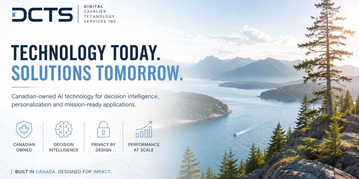 Banner for DCTS showcasing Canadian AI technology with nature backdrop.