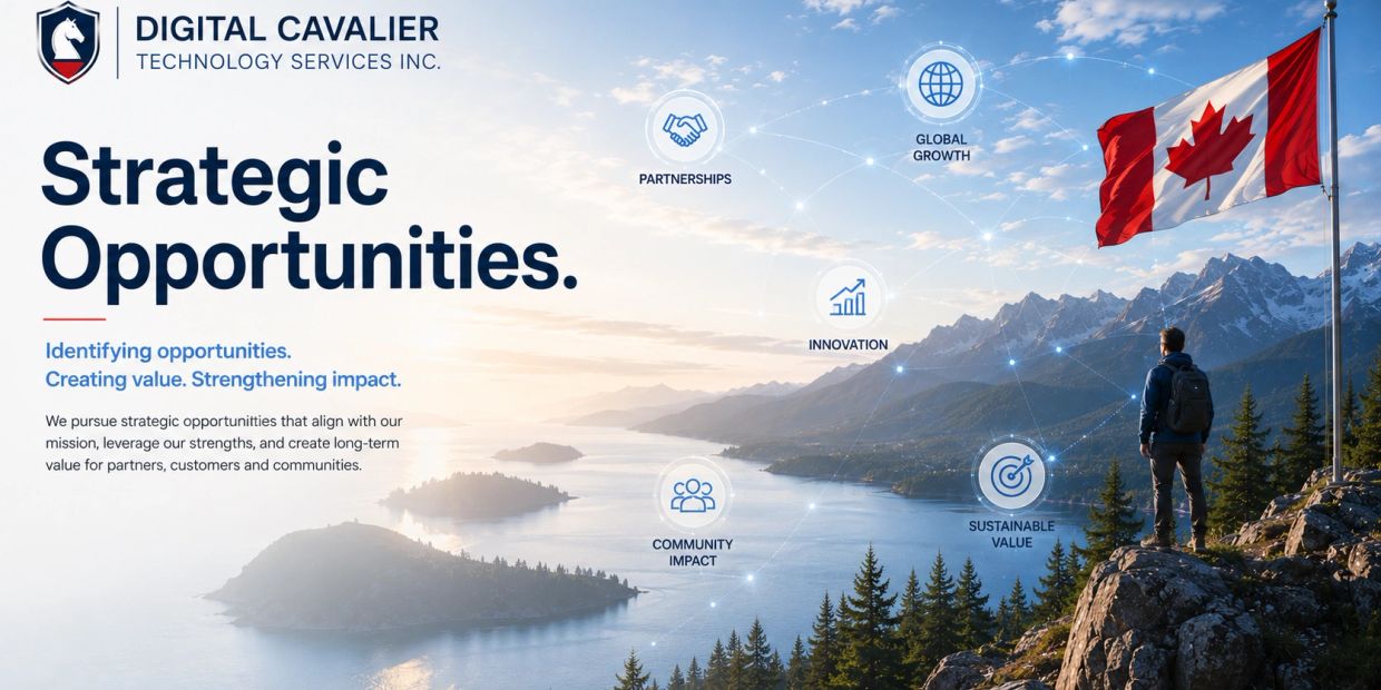 Canadian flag and a person overlooking a scenic lake and mountains representing strategic opportunities.