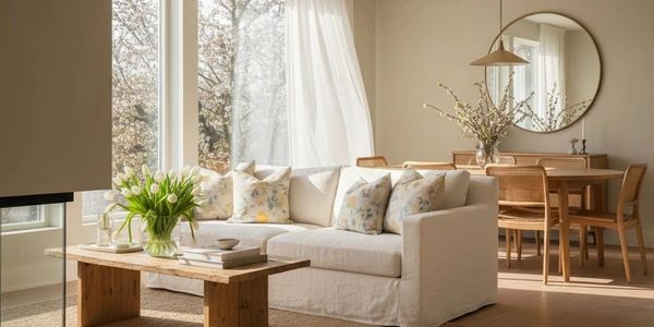 Bright living room with a white sofa and wooden dining set in natural light.