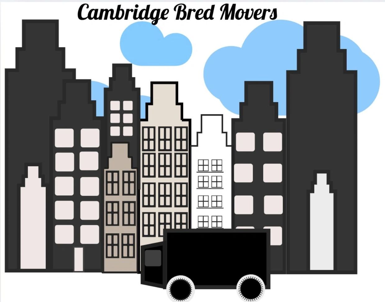 Stylized cityscape with moving truck and text Cambridge Bred Movers.