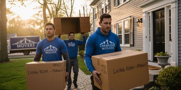 Three movers from Cambridge Movers carrying boxes during a house move.